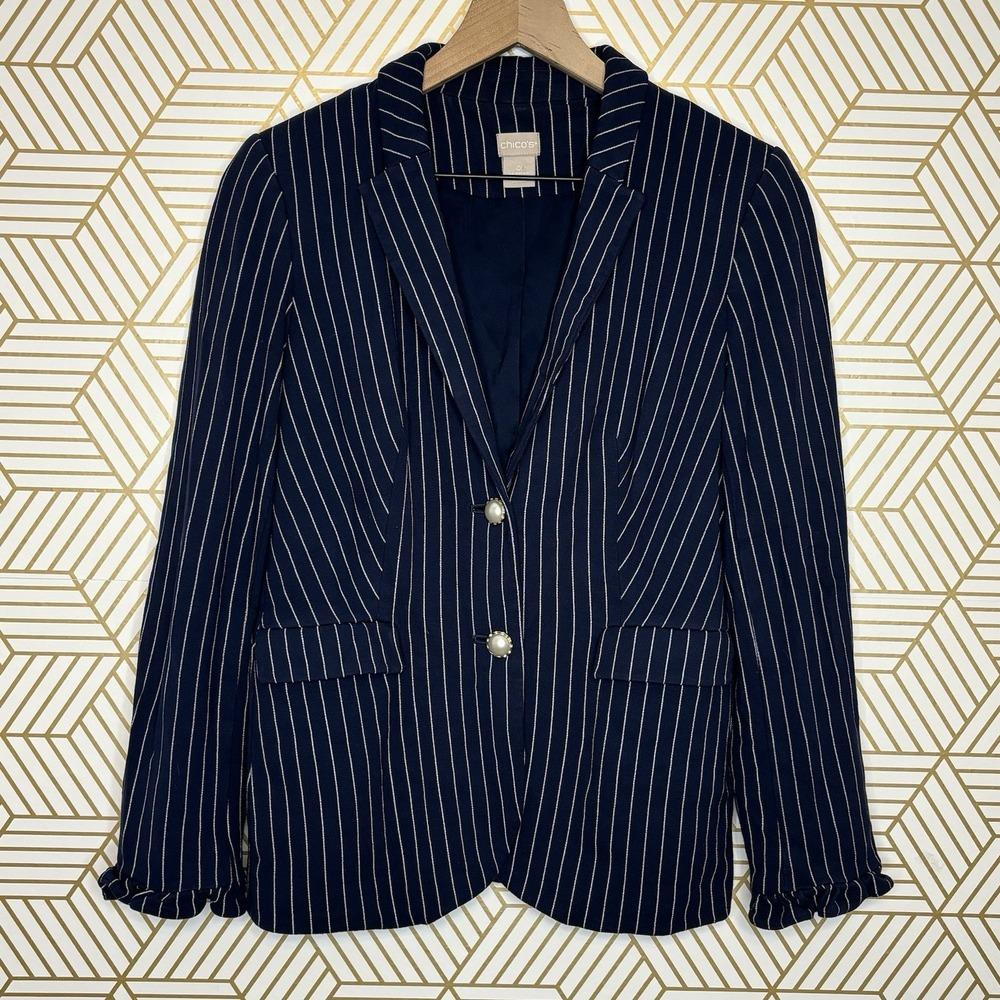 Chico's Women's Blazer 0 Navy Pin Striped Pearl Buttons Ruffle Sleeves Nautical